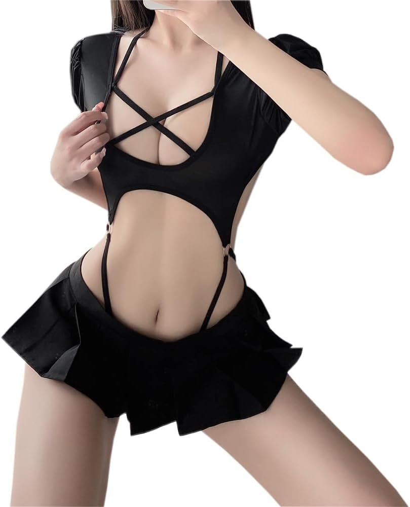 Sexy Swimsuit outfit for women lingerie sailor costume Japanese Anime Cute Schoolgirl Roleplay Cutout Kawaii Bodysuit Navy JK Uniform Dress top Ruff edge Mini Skirt Thong Set black