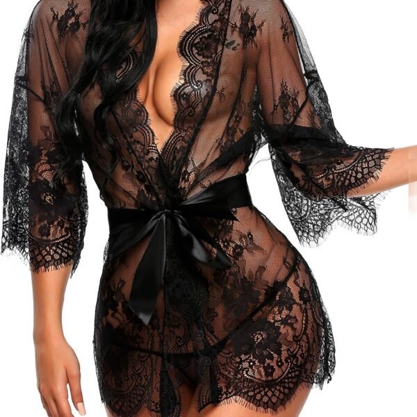 Women's Lace Kimono Robe Babydoll Lingerie Mesh Nightgown S 5XL